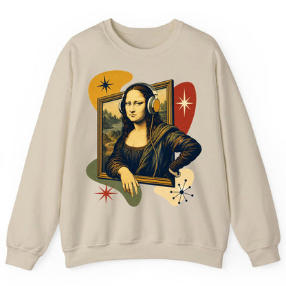 Retro Mona Lisa with Headphones Funny Art Lovers Sweatshirt - product mockup - Sand