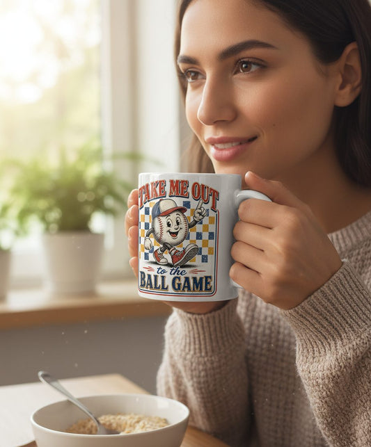 Take Me Out to the Ball Game Retro Baseball White Mug - lifestyle model mockup - White