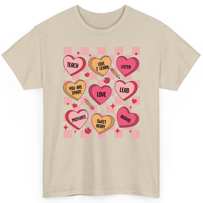 Inspirational Teacher Conversation Hearts teacher appreciation T-Shirt Sand product mockup