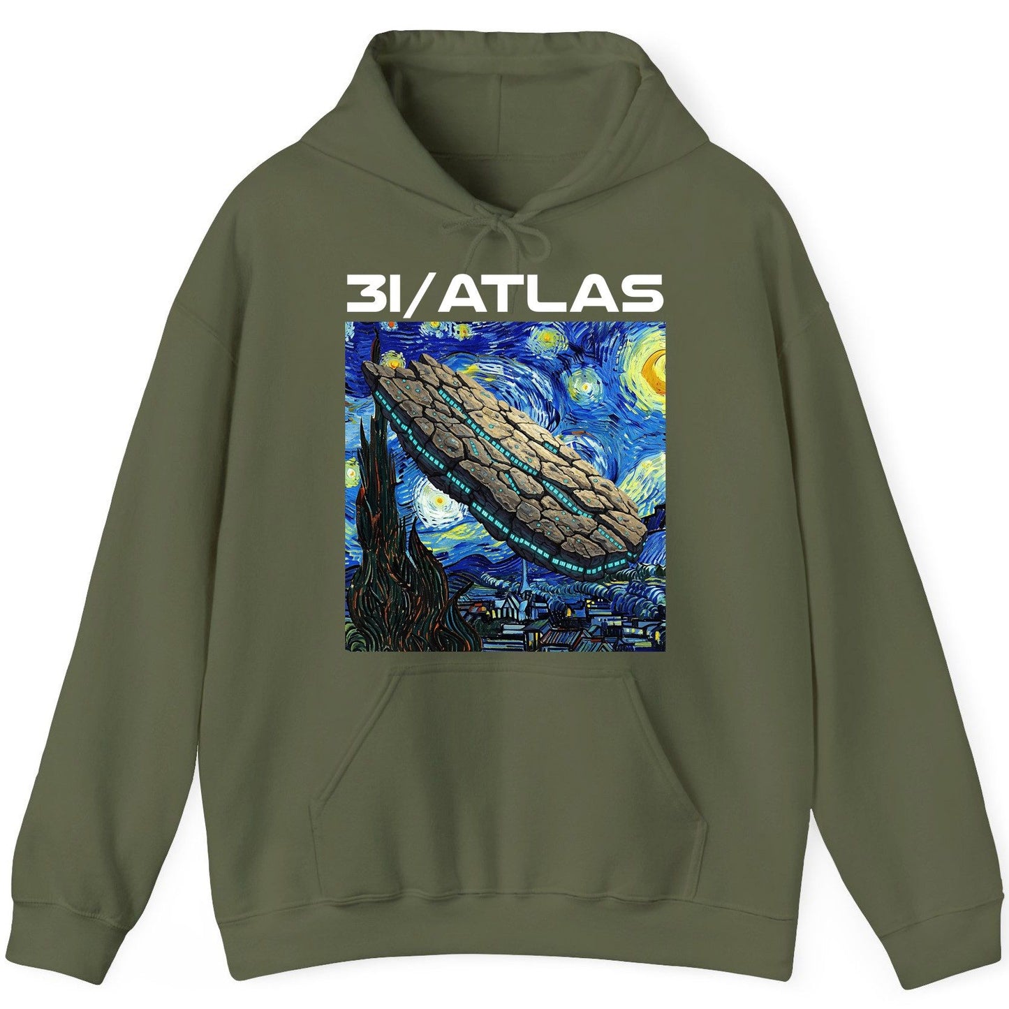 31 Atlas van gogh sci-fi mashup Hoodie Military Green product mockup