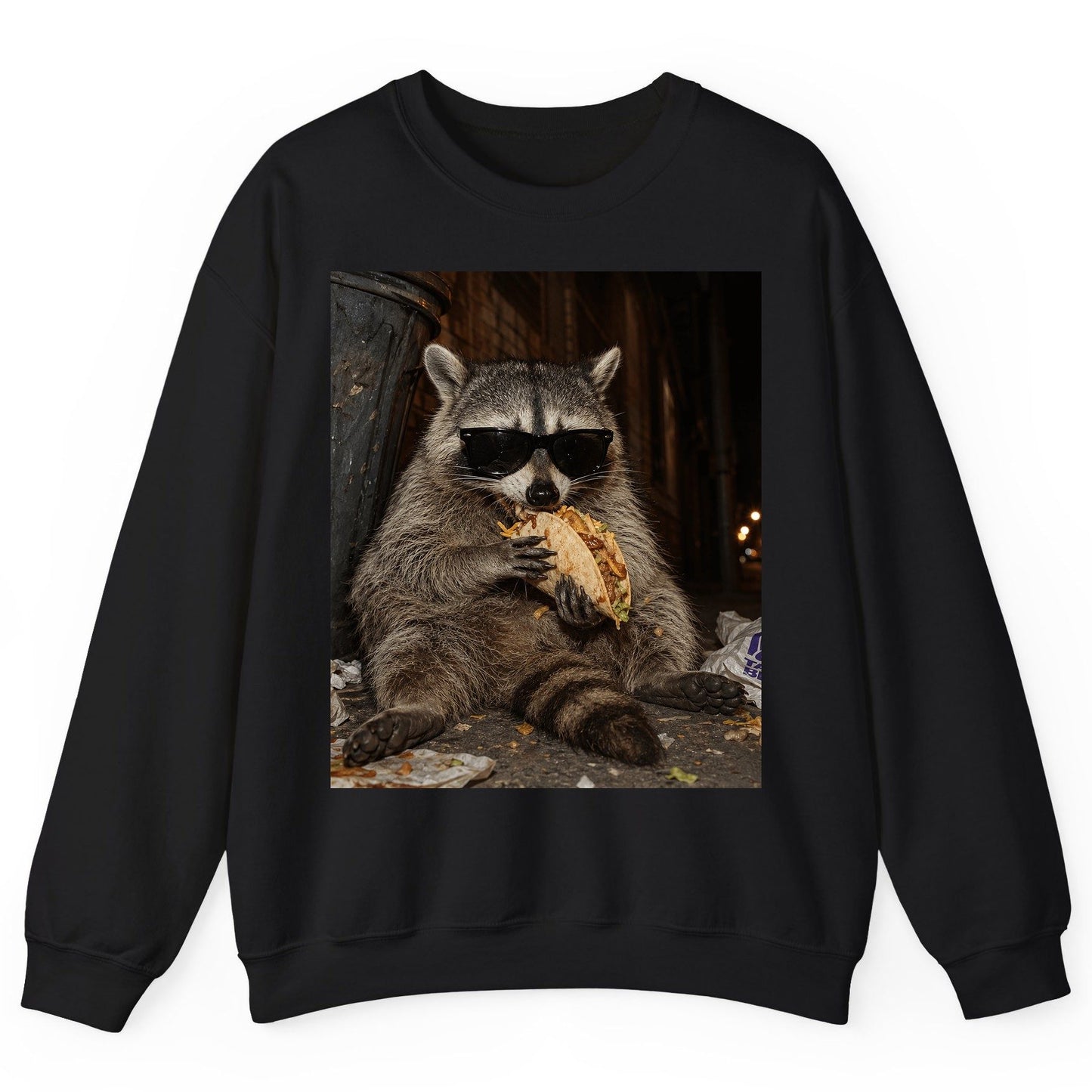 Raccoon Eating Taco Funny Animal Lovers Sweatshirt - product mockup - Black