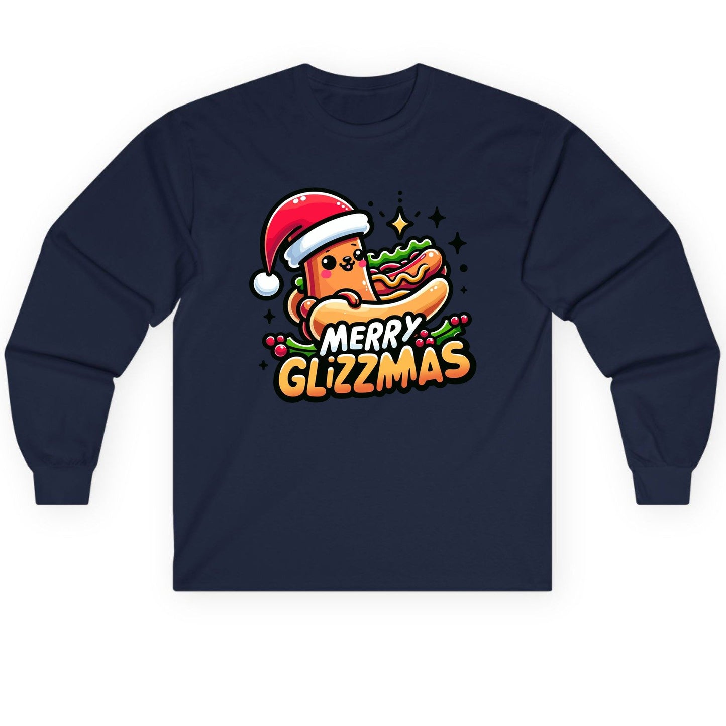 Merry Glizzmas hot dog Long Sleeve Tee Navy product mockup