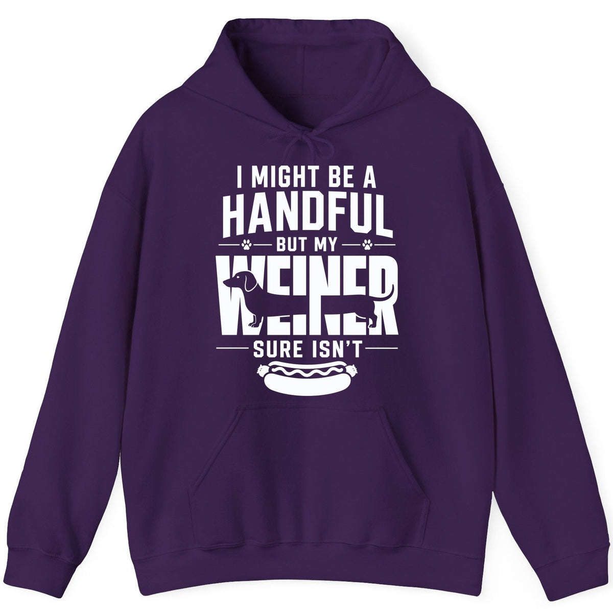 I Might Be a Handful but My Weiner Sure Isn't dachshund Hoodie Purple product mockup