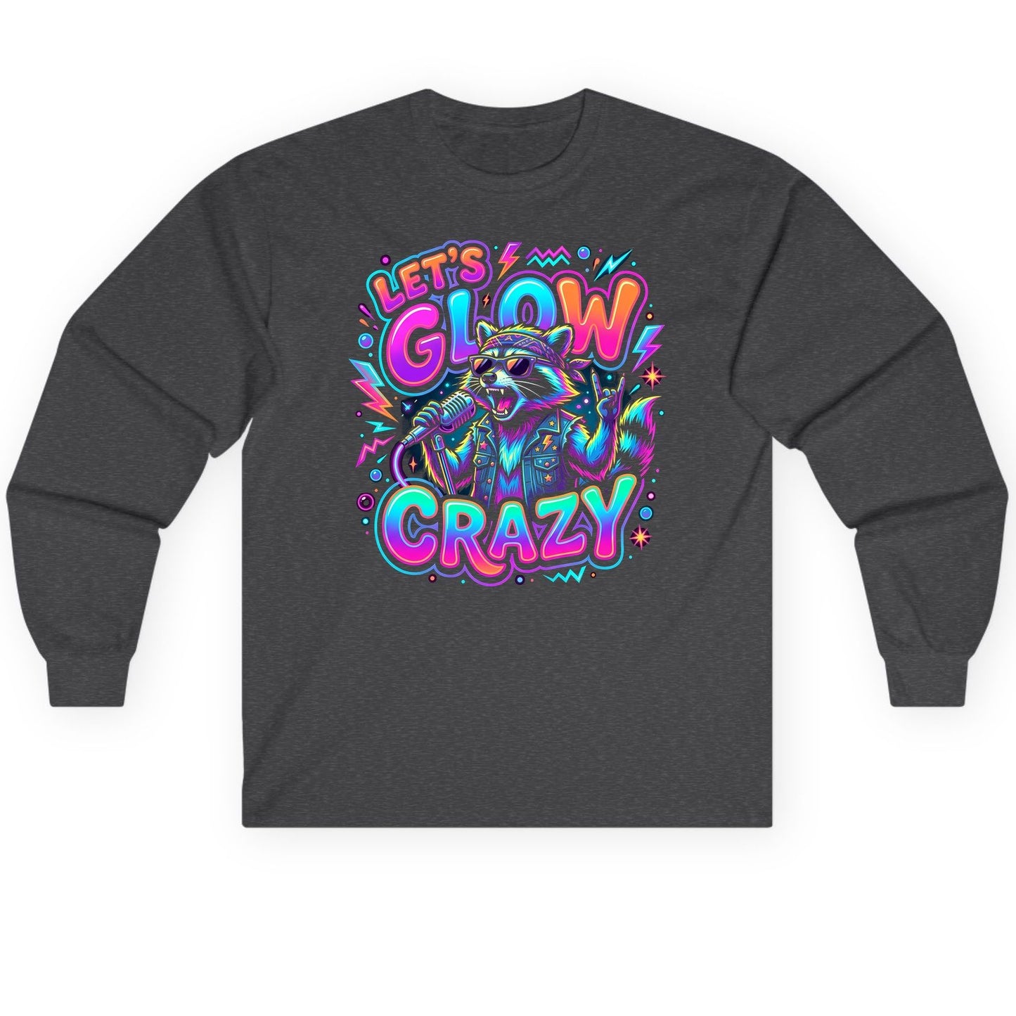 Let's Glow Crazy Funny Rockstar Raccoon Long Sleeve Tee - product mockup - Dark Heather