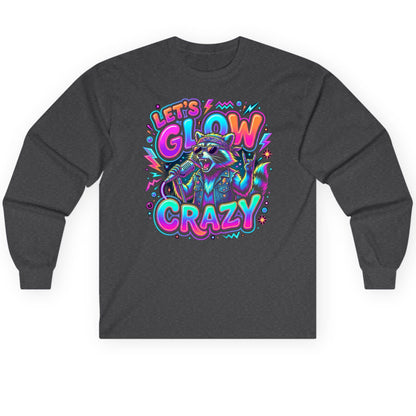 Let's Glow Crazy Funny Rockstar Raccoon Long Sleeve Tee - product mockup - Dark Heather