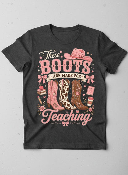 These Boots Are Made for Teaching Teacher T-Shirt - product mockup - Dark Heather
