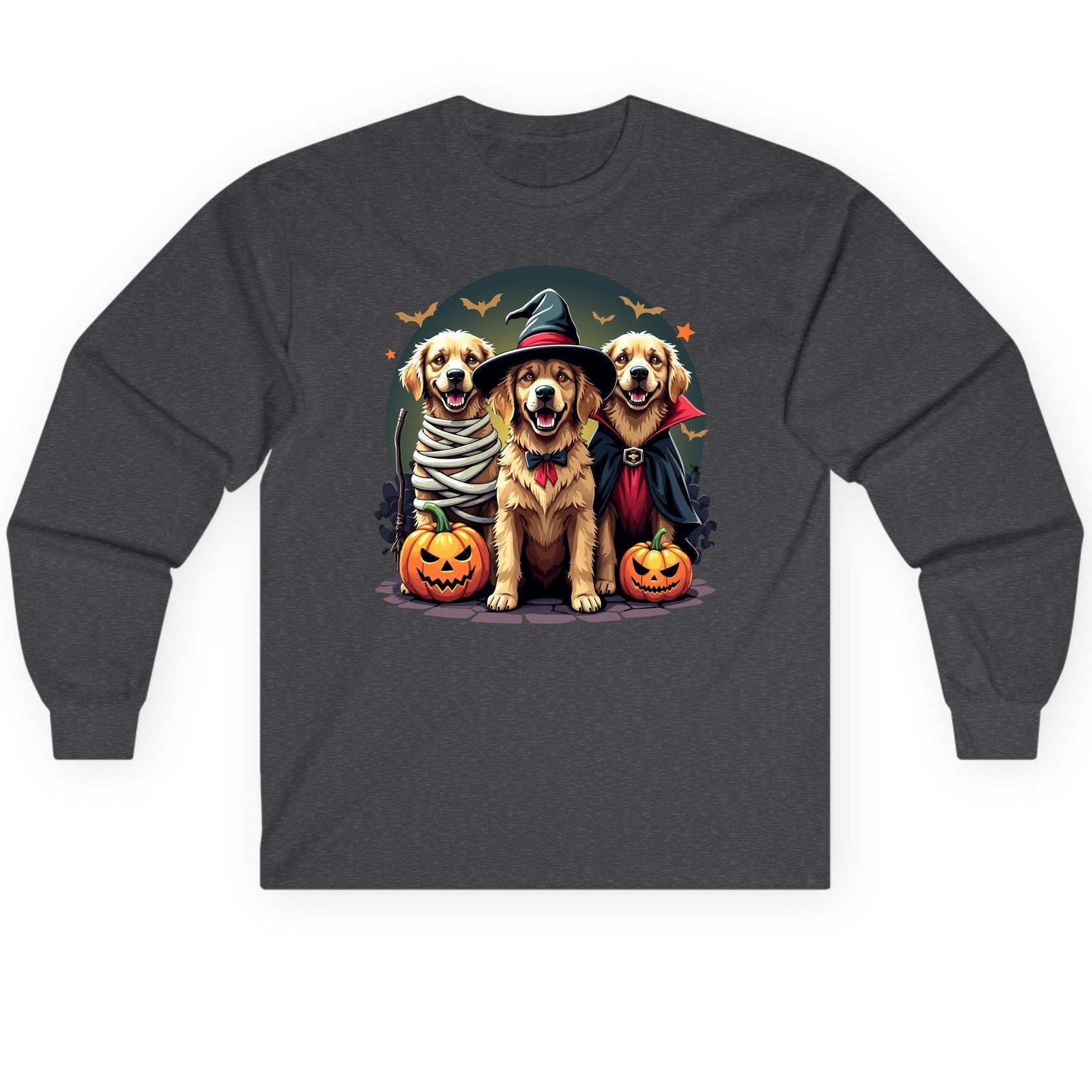 Golden Retriever Halloween Trio golden retriever Long Sleeve Tee Dark Heather product mockup