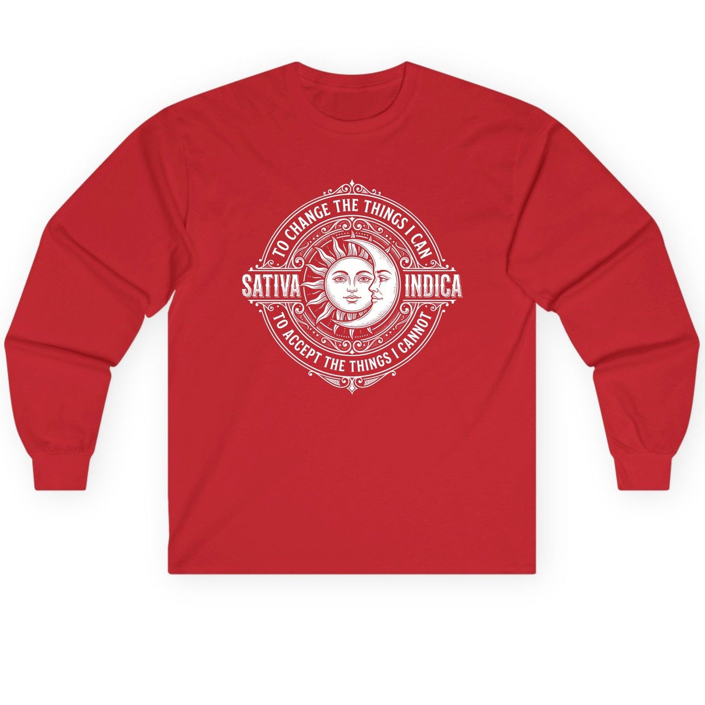 Sativa to Change the Things I Can Indica to Accept Long Sleeve Tee - product mockup - Red