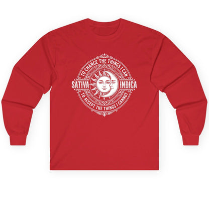 Sativa to Change the Things I Can Indica to Accept Long Sleeve Tee - product mockup - Red