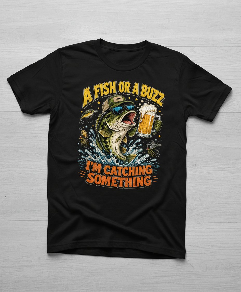 A Fish or a Buzz I'm Catching Something Funny Fishing T-Shirt - product mockup - Black
