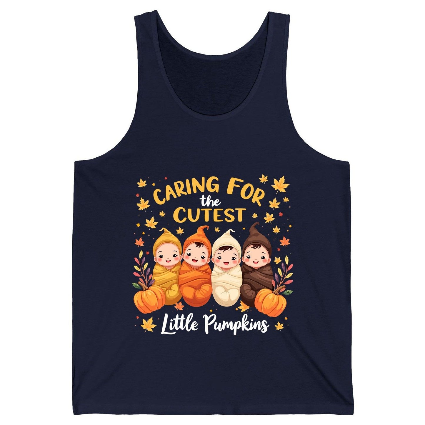 Caring for the Cutest Little Pumpkins swaddled babies Tank Top Navy product mockup