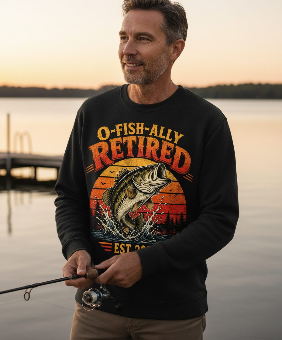 O-Fish-Ally Retired EST 2027 Funny Fishing Sweatshirt - lifestyle model mockup - Black