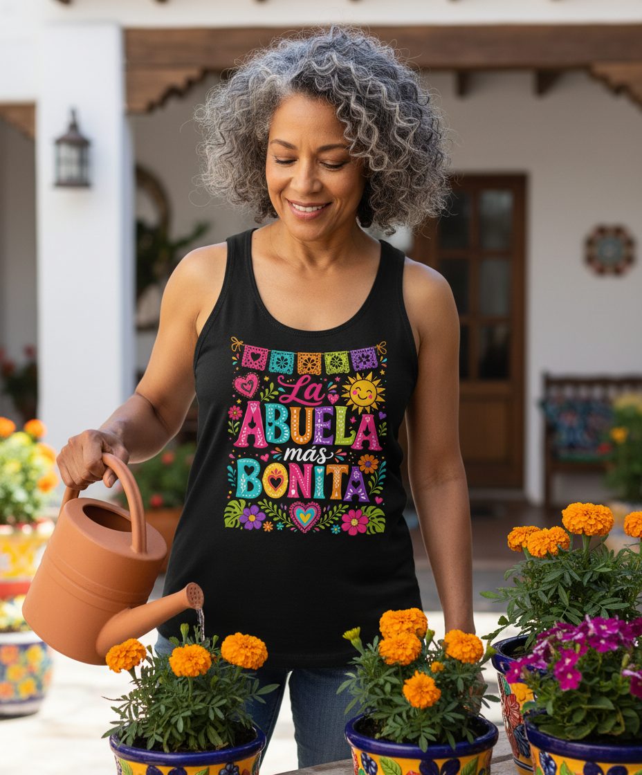La Abuela Más Bonita Spanish Grandma Tank Top - lifestyle model mockup - Black