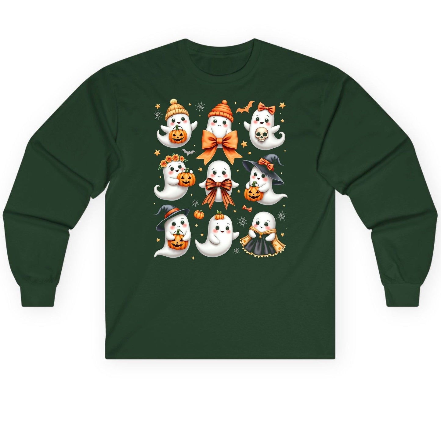 Cute Kawaii Ghosts Collection cute Halloween ghosts Long Sleeve Tee Forest Green product mockup