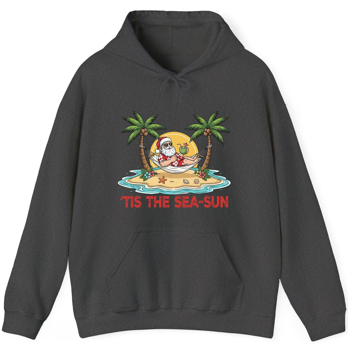 'Tis the Sea-Sun santa claus on a tropical vacation Hoodie Dark Heather product mockup