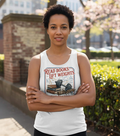 Read Books Lift Weights Fight Fascists Retro Anti-Fascism Tank Top - lifestyle model mockup - White