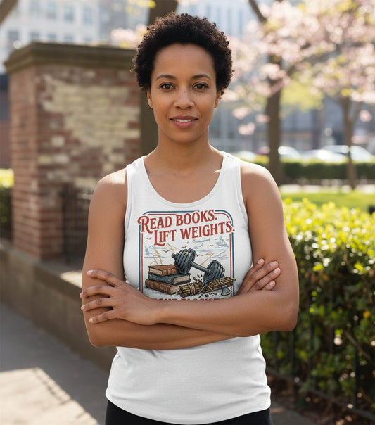 Read Books Lift Weights Fight Fascists Retro Anti-Fascism Tank Top - lifestyle model mockup - White