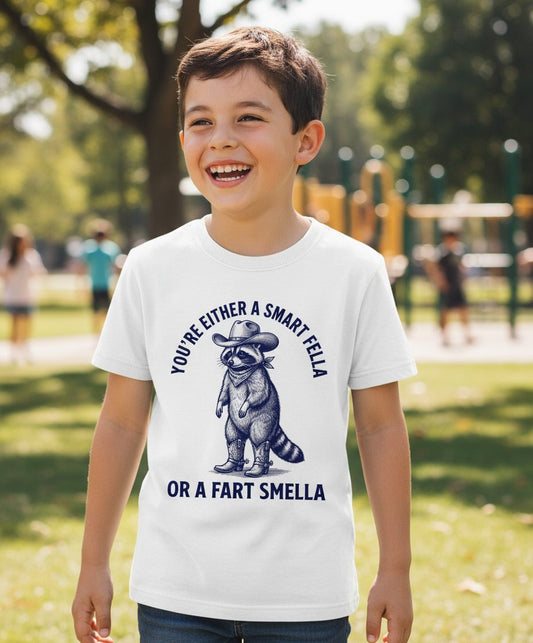 You're Either a Smart Fella or a Fart Smella cowboy raccoon Youth T-Shirt White lifestyle mockup