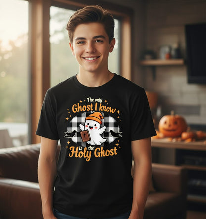 The Only Ghost I Know Is the Holy Ghost christian Halloween Youth T-Shirt Black lifestyle mockup