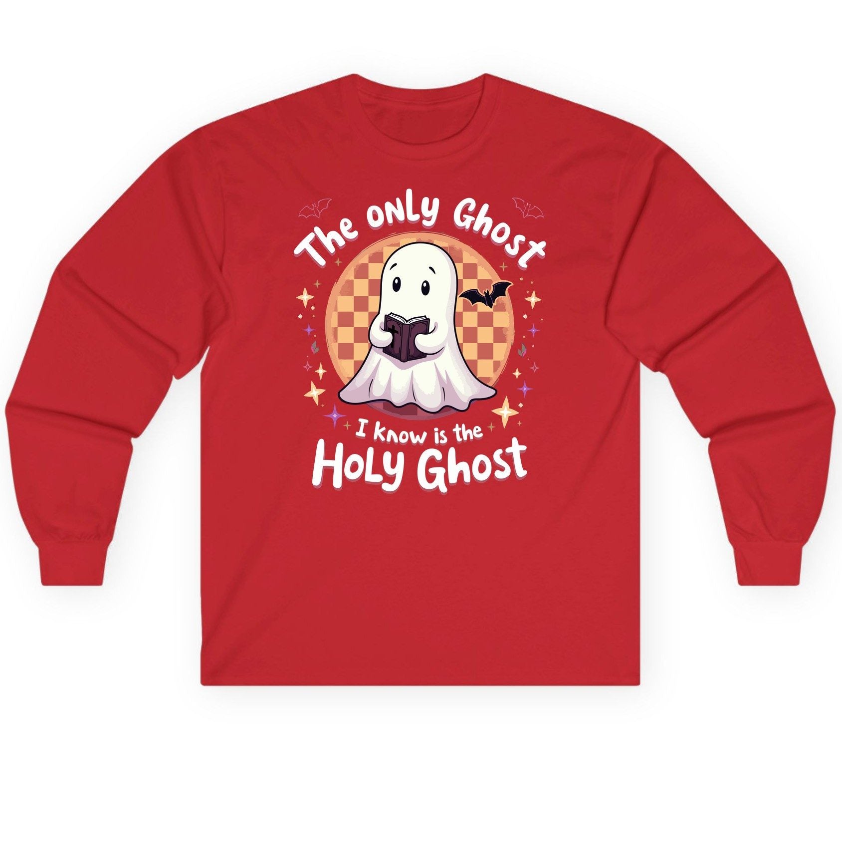 The Only Ghost I Know Is the Holy Ghost christian Halloween Long Sleeve Tee Red product mockup