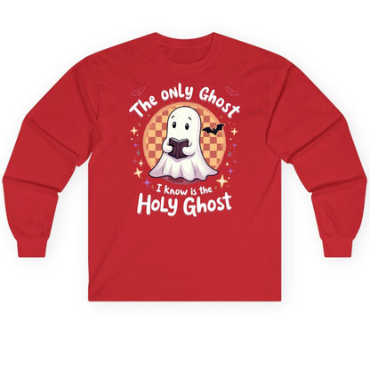 The Only Ghost I Know Is the Holy Ghost christian Halloween Long Sleeve Tee Red product mockup