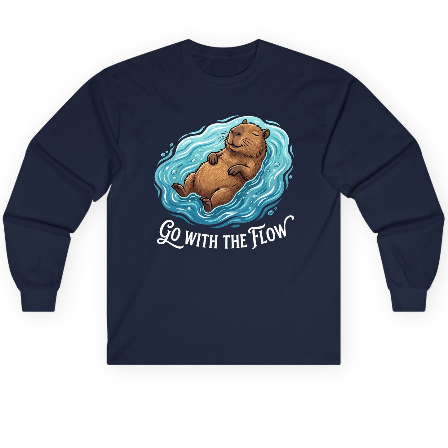 Go WITH THE Flow Funny Capybara Long Sleeve Tee - product mockup - Navy