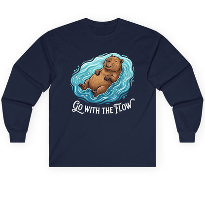 Go WITH THE Flow Funny Capybara Long Sleeve Tee - product mockup - Navy