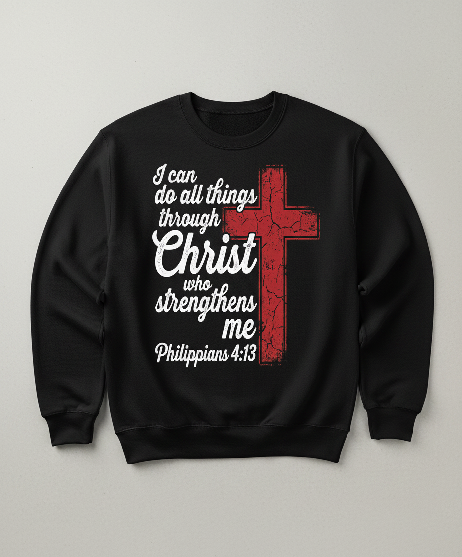 Philippians 4:13 I Can Do All Things Through Christ Christian Faith Sweatshirt - Black