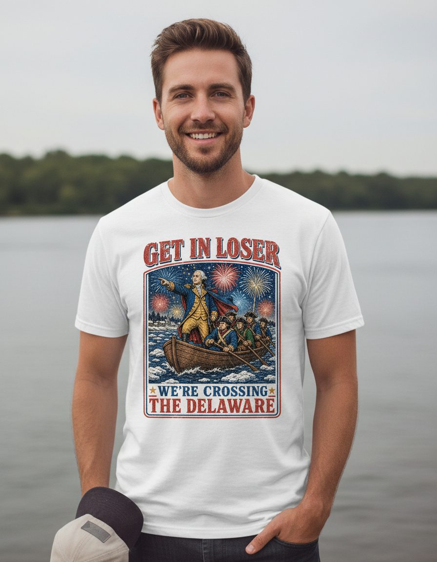 Get in Loser We're Crossing the Delaware T-Shirt - lifestyle model mockup - White