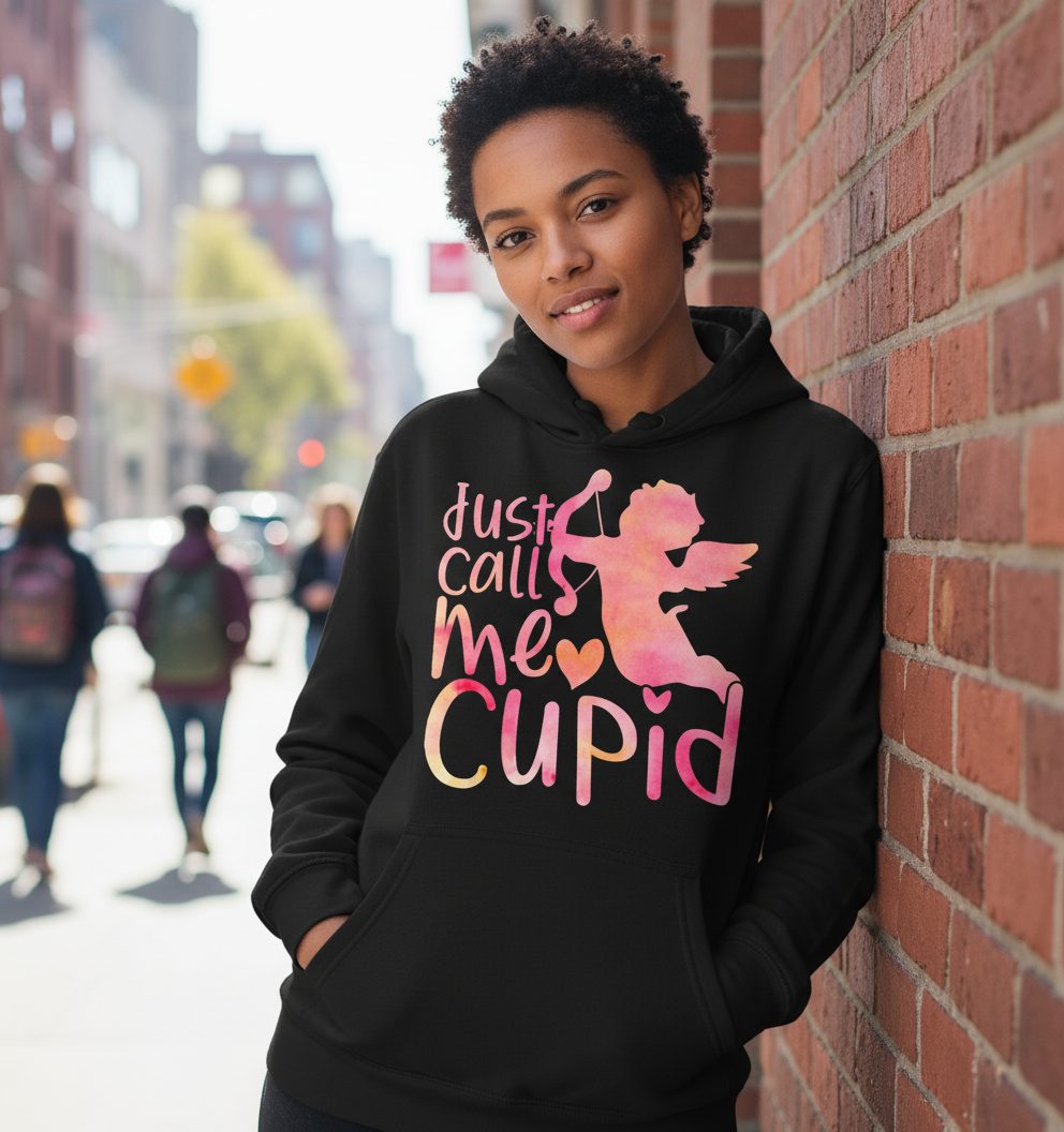 Just Call Me Cupid cupid Hoodie Black lifestyle mockup