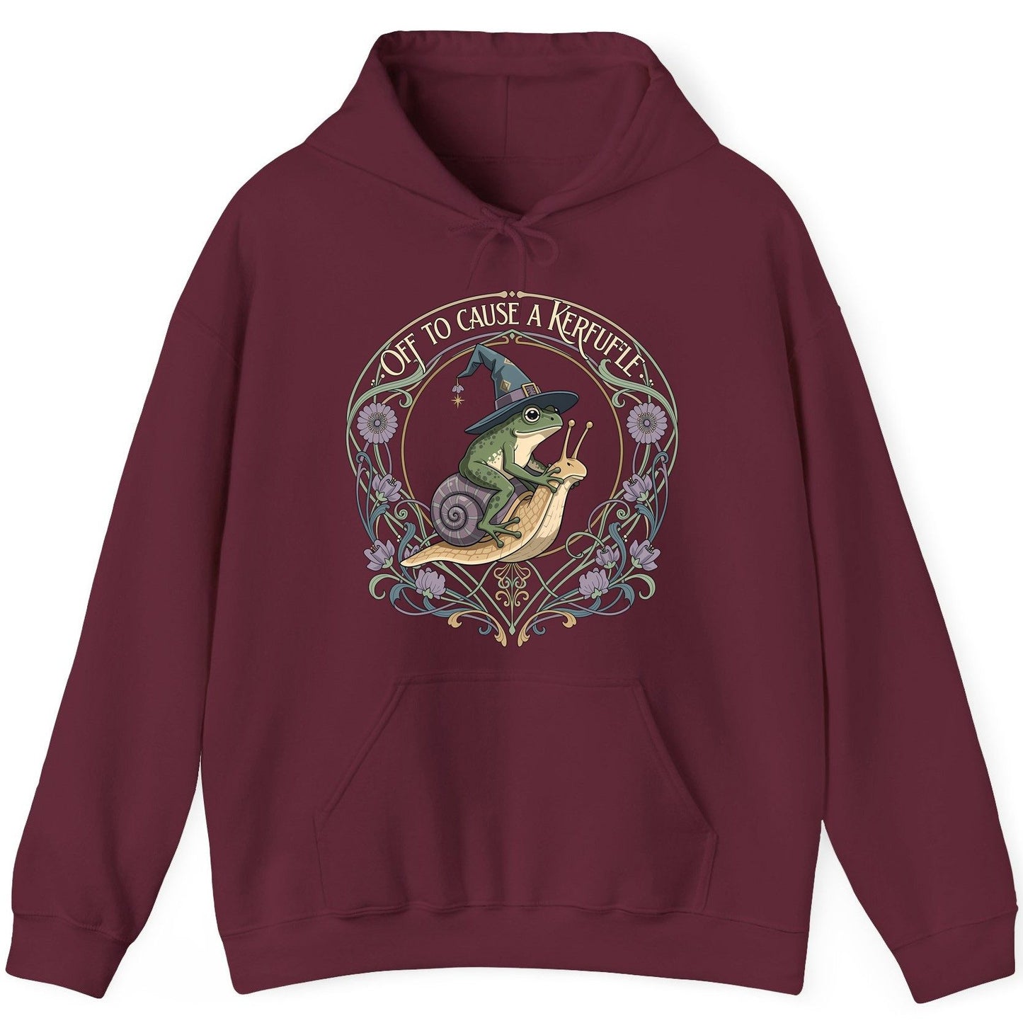 Off to Cause a Kerfuffle frog riding a snail Hoodie Maroon product mockup