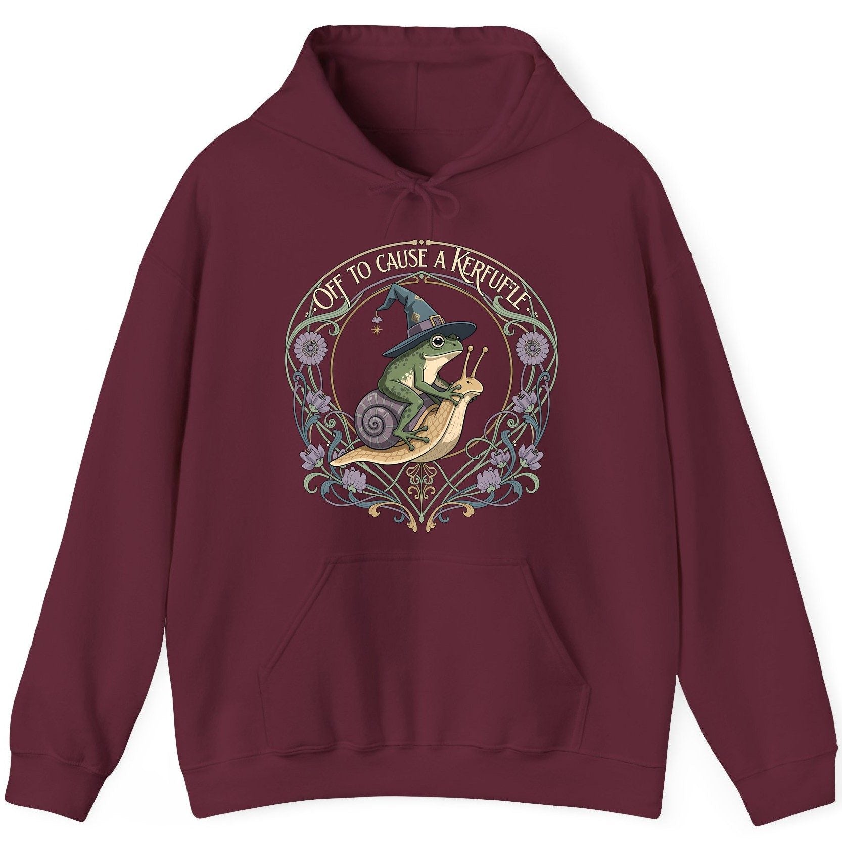 Off to Cause a Kerfuffle frog riding a snail Hoodie Maroon product mockup