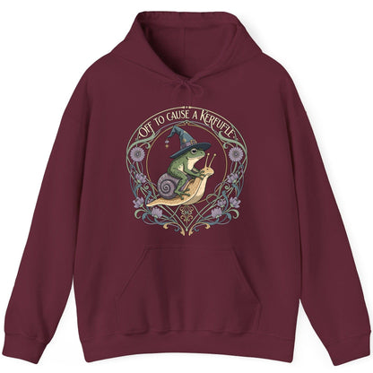 Off to Cause a Kerfuffle frog riding a snail Hoodie Maroon product mockup