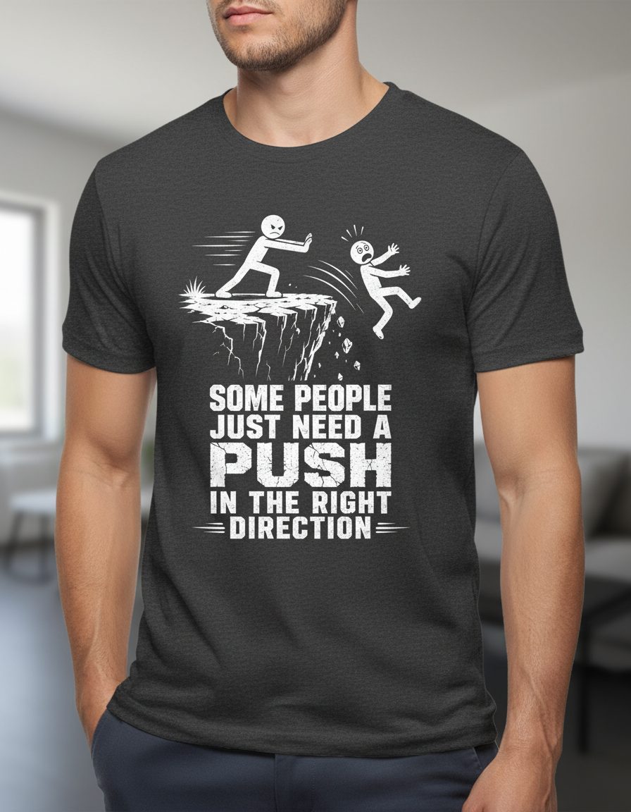 Some People Just Need a Push in the Right Direction Funny Dark Humor T-Shirt - product mockup - Dark Heather
