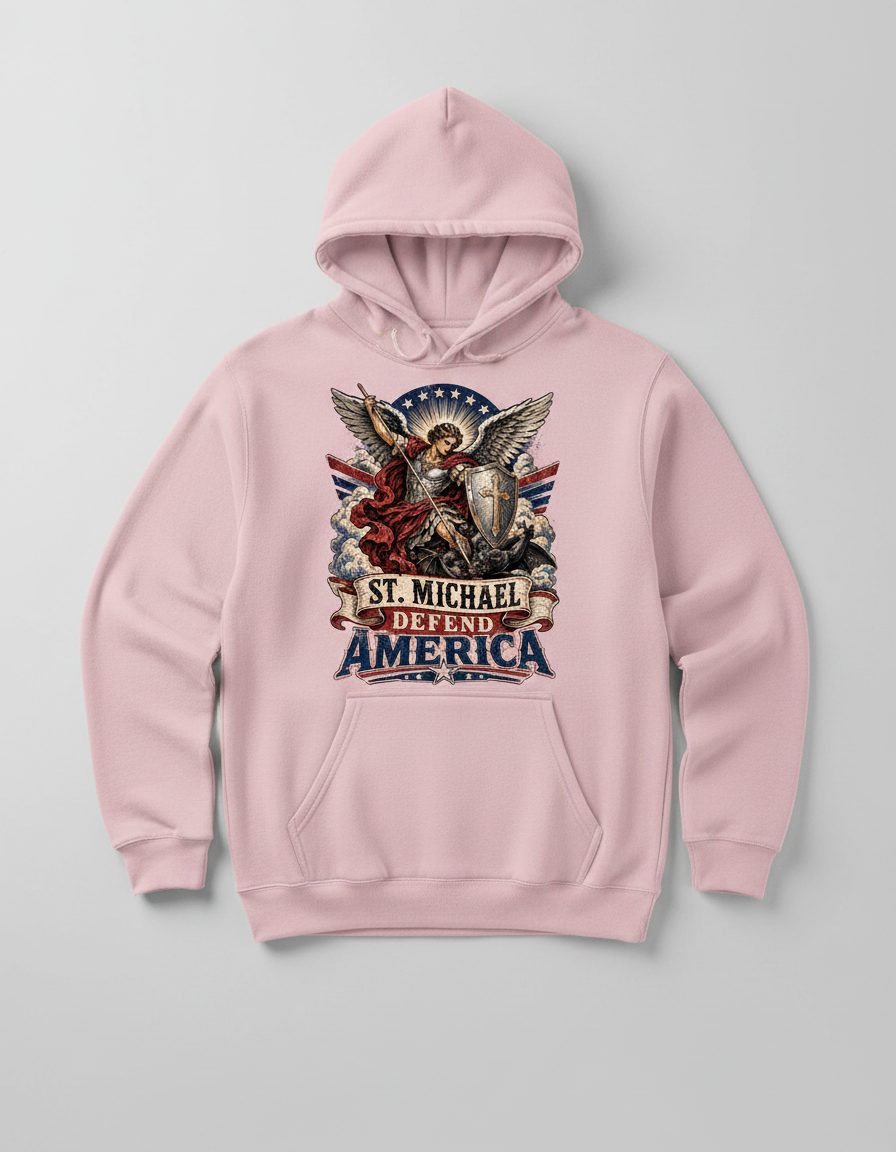 St Michael Defend America Vintage Patriotic Christian Hoodie - product mockup - Light Pink