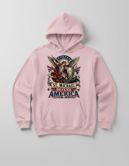 St Michael Defend America Vintage Patriotic Christian Hoodie - product mockup - Light Pink