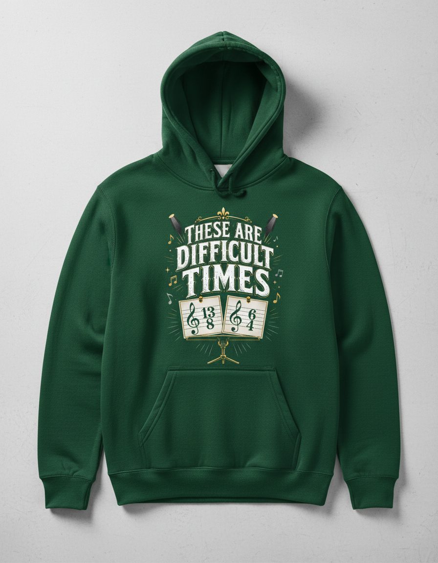 THESE ARE Difficult TIMES Funny Music Humor Hoodie - product mockup - Forest Green