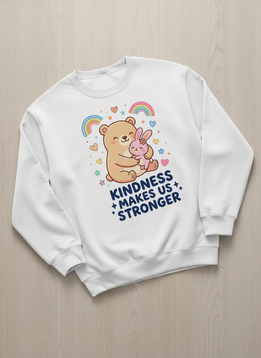 Cute Bear and Bunny Hug Kindness Makes Us Stronger Design Sweatshirt - White