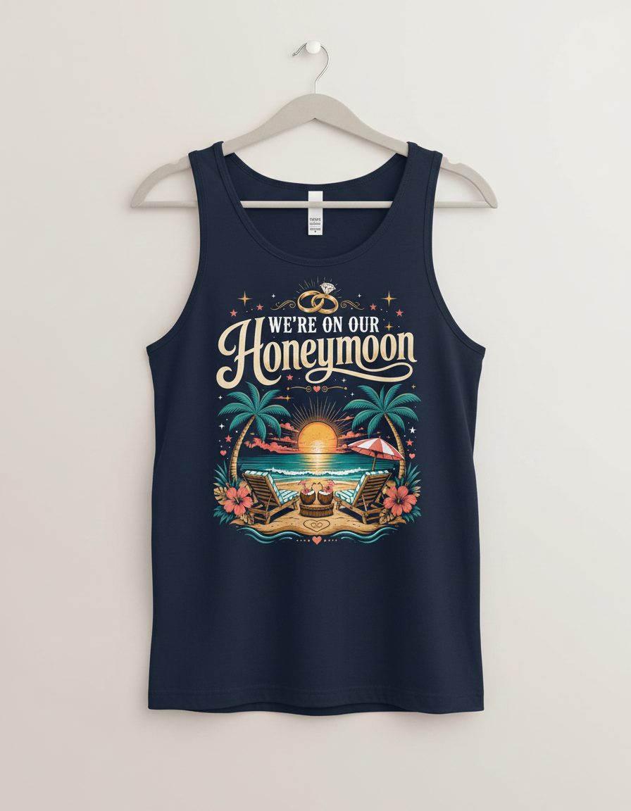 We're on Our Honeymoon Retro Newlyweds Tank Top - product mockup - Navy