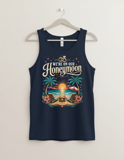 We're on Our Honeymoon Retro Newlyweds Tank Top - product mockup - Navy