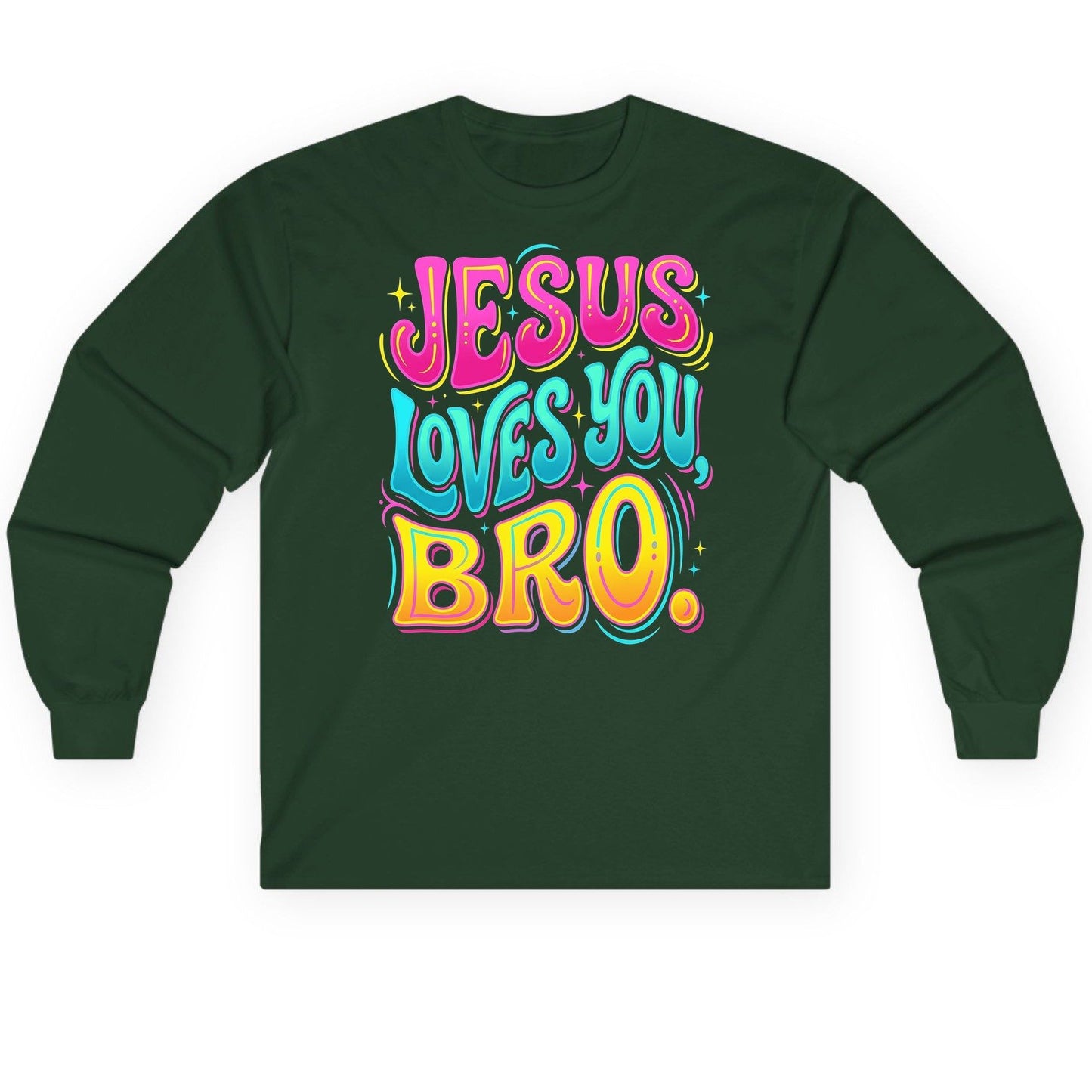 JESUS LOVES YOU BRO Retro Christian Long Sleeve Tee - product mockup - Forest Green