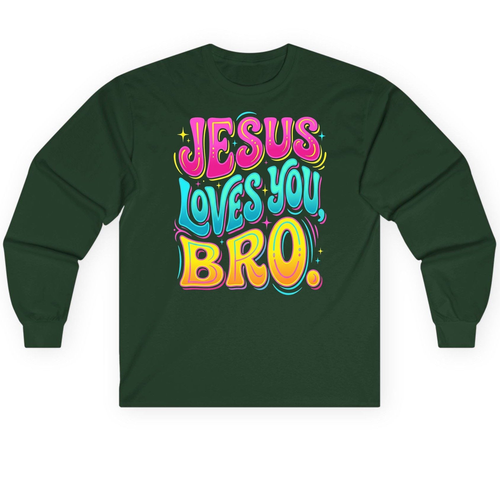 JESUS LOVES YOU BRO Retro Christian Long Sleeve Tee - product mockup - Forest Green
