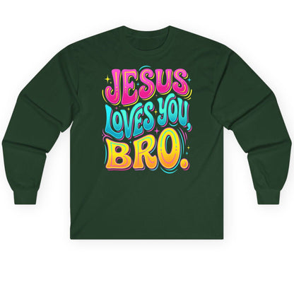 JESUS LOVES YOU BRO Retro Christian Long Sleeve Tee - product mockup - Forest Green