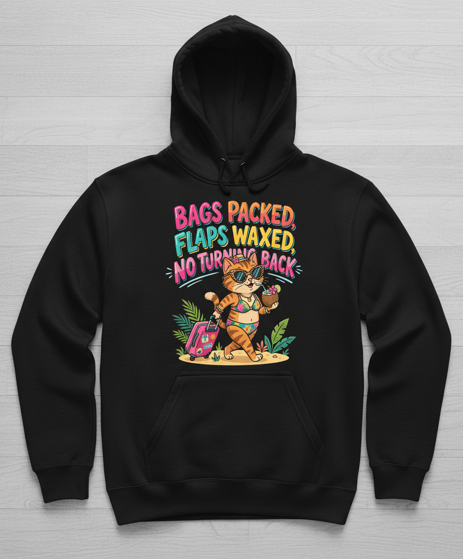 Funny Vacation Cat Bags Packed Flaps Waxed Hoodie - Black