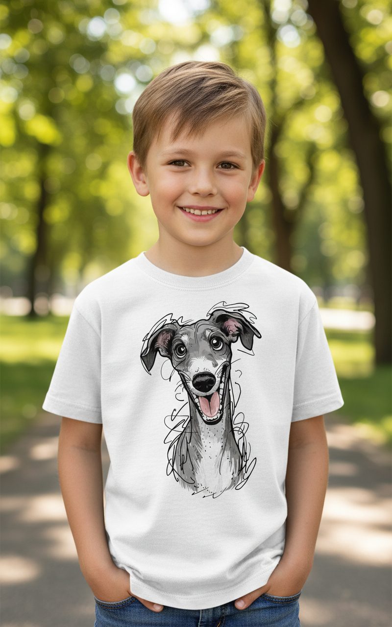 Smiling Greyhound Caricature greyhound Youth T-Shirt White lifestyle mockup