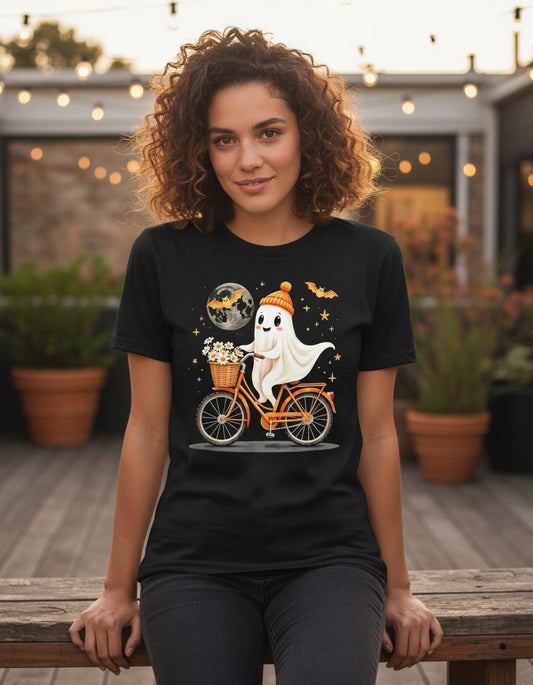 Cute Ghost on Bicycle cute ghost T-Shirt Black lifestyle mockup