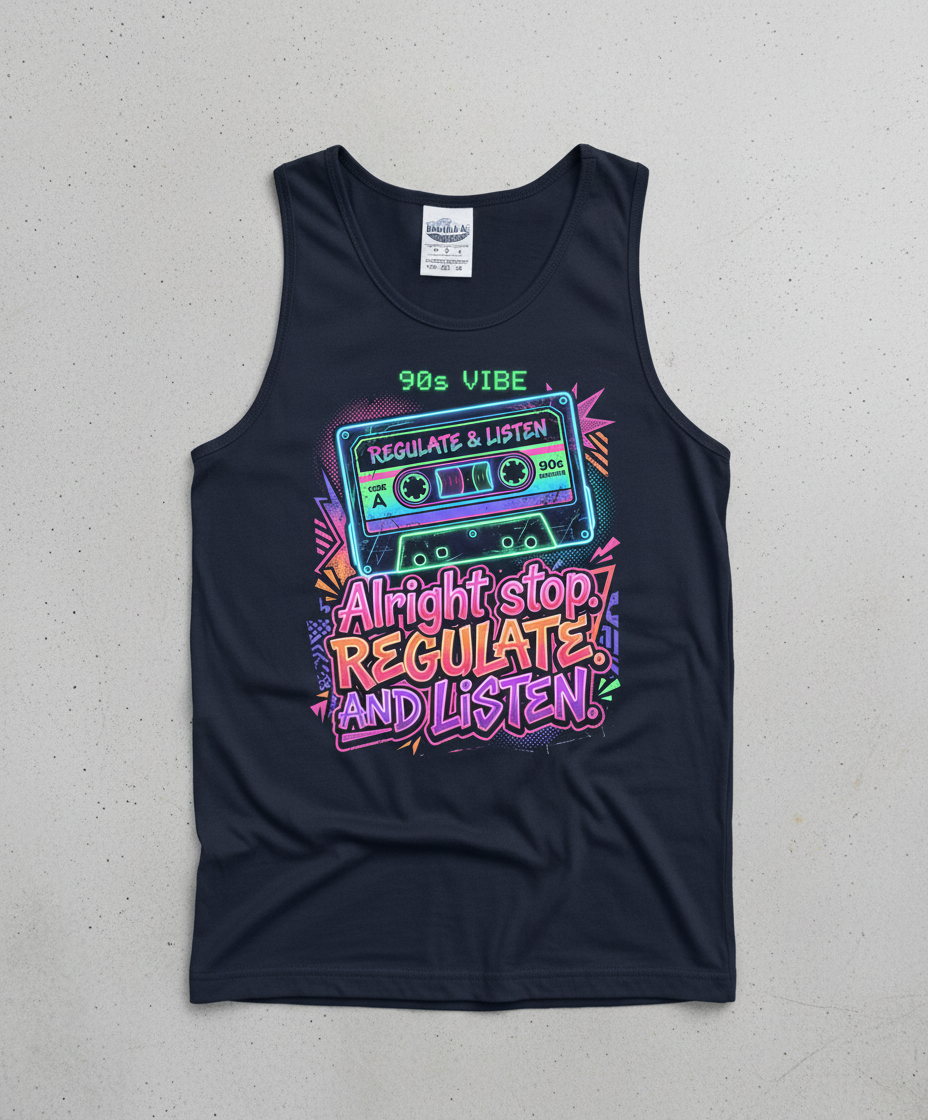 90s Vibe Cassette Tape Regulate and Listen Retro Design Tank Top - Navy