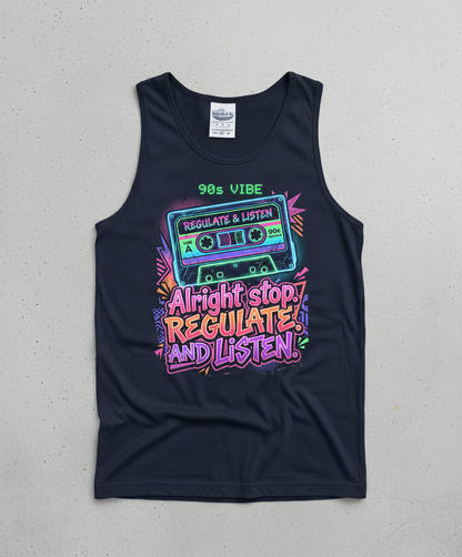 90s Vibe Cassette Tape Regulate and Listen Retro Design Tank Top - Navy