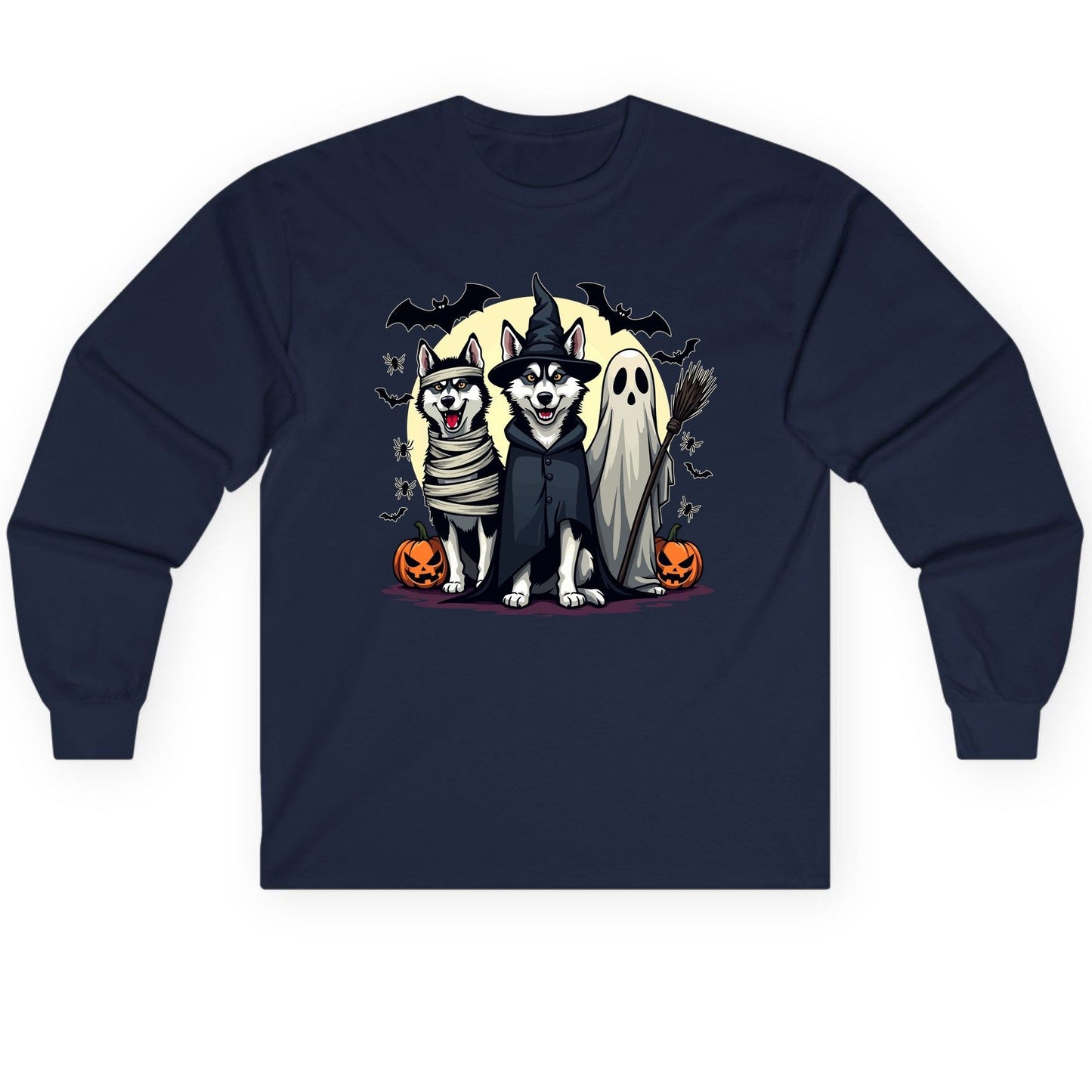 Halloween Huskies in Costumes Halloween huskies Long Sleeve Tee Navy product mockup