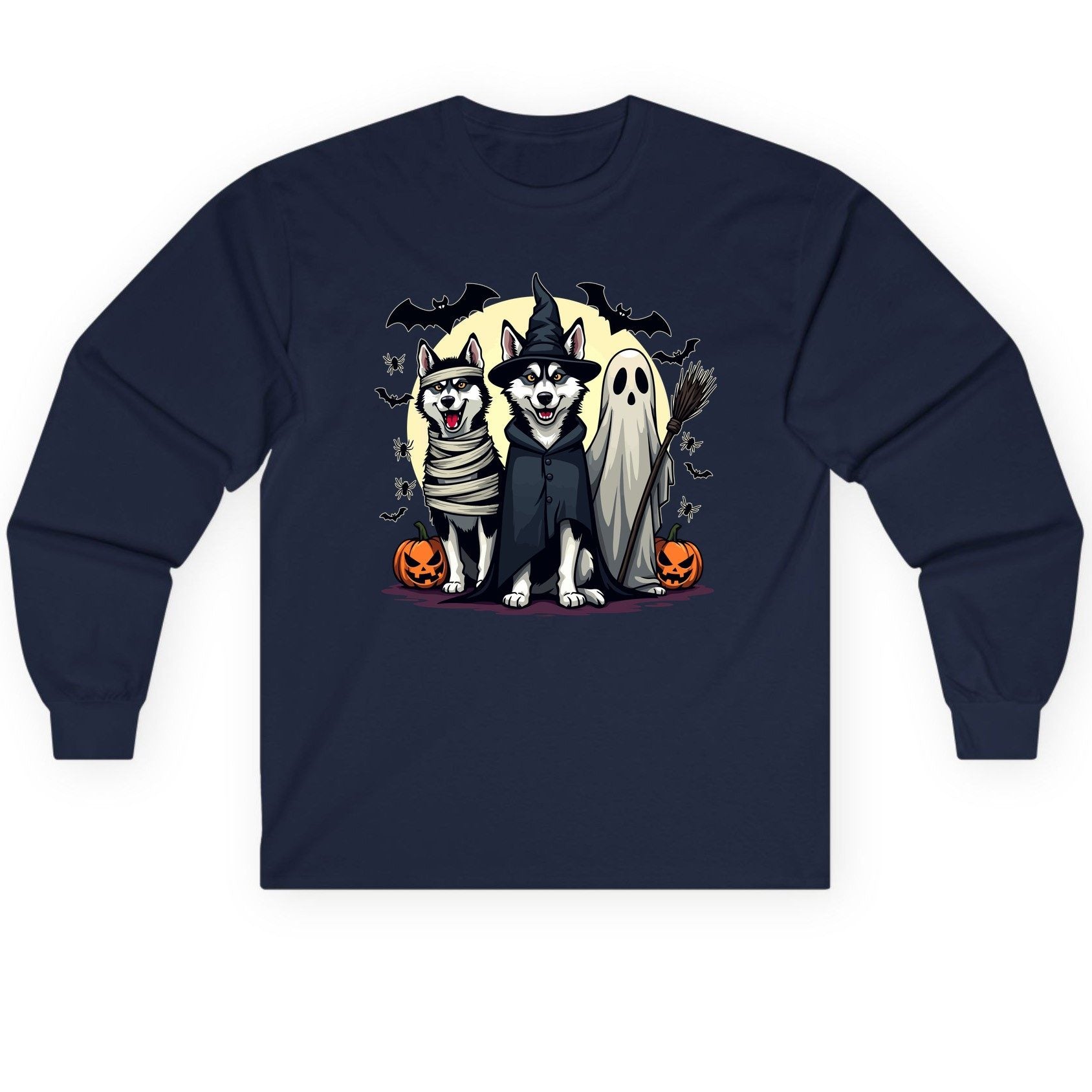 Halloween Huskies in Costumes Halloween huskies Long Sleeve Tee Navy product mockup